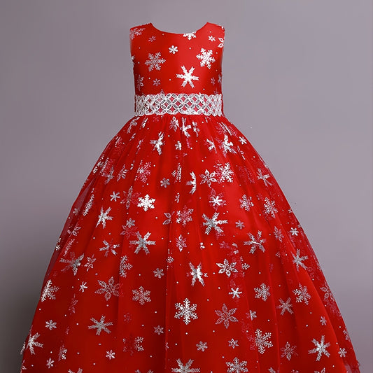 Girls Snowflake Long Dress Sleeveless Mesh Christmas Princess Party