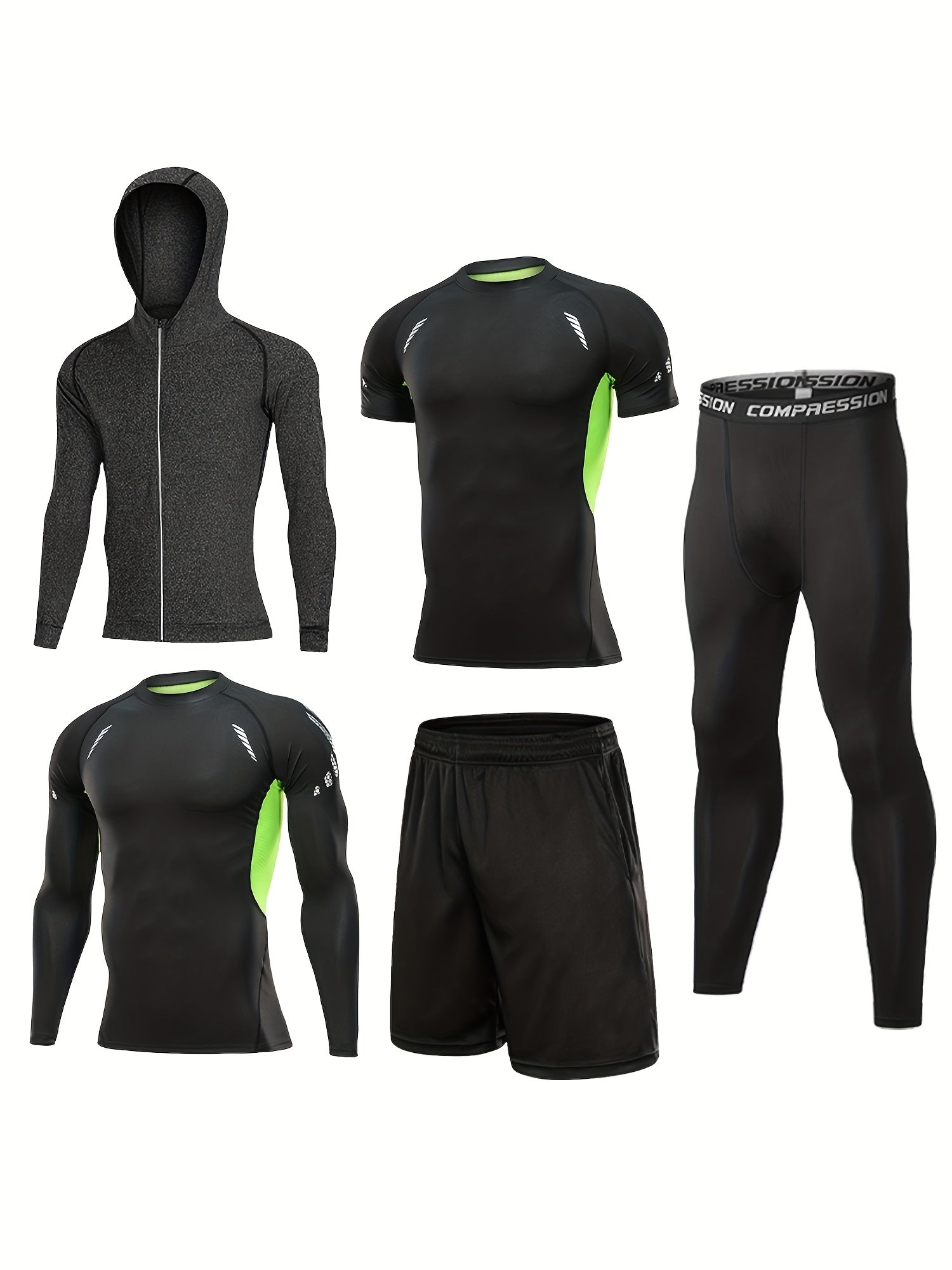 5 Pc Men's Quick Dry Gym Outfit: Jacket, Hoodie, T-shirt, Shorts, Leggings