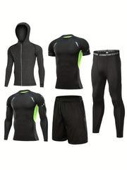 5 Pc Men's Quick Dry Gym Outfit: Jacket, Hoodie, T-shirt, Shorts, Leggings
