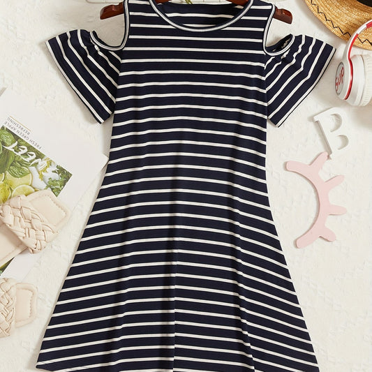 Comfy Striped Cold Shoulder Summer Dress Classic Style Youth Girl Casual Dresses