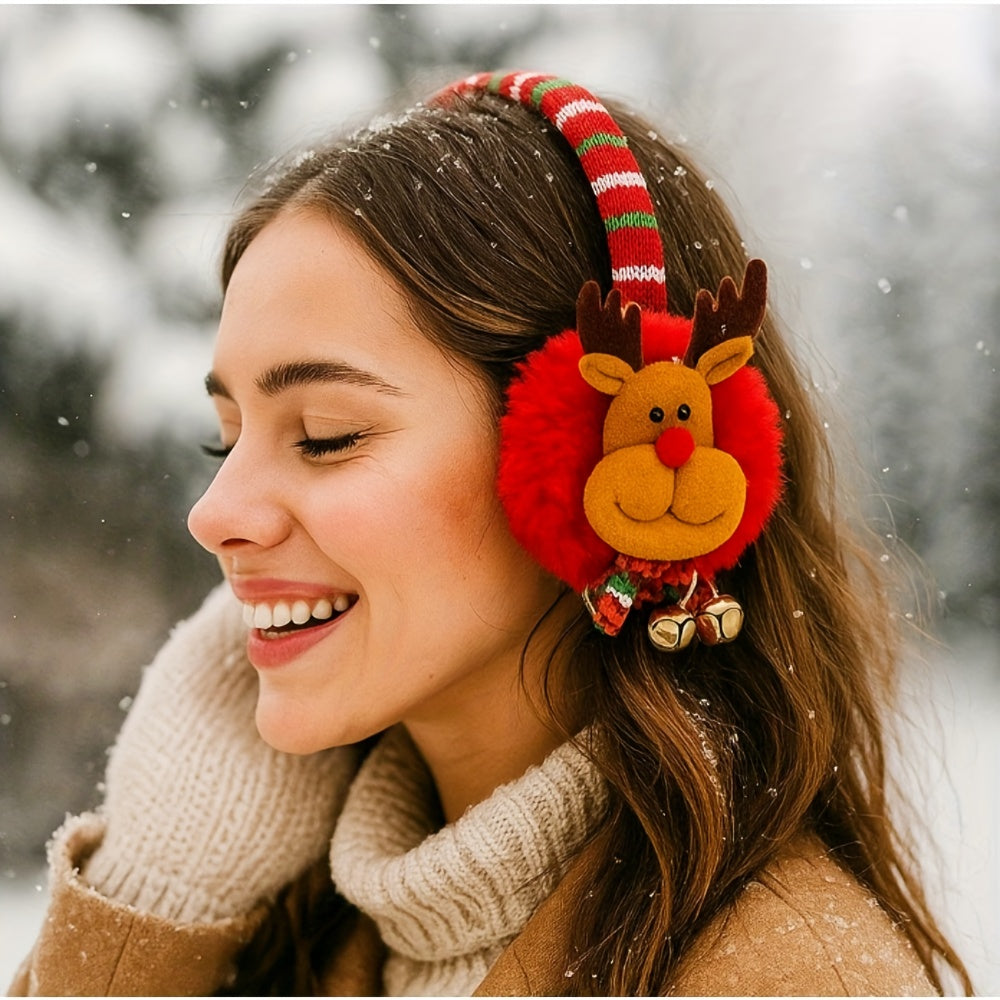 3pcs Christmas Earmuffs Santa Hat Decorations Reindeer Snowman Red Green