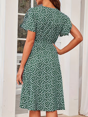 Floral Print Vacation Dress V Neck Short Sleeve Knot Summer Dress