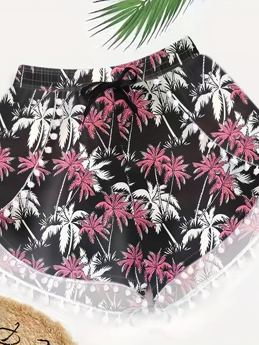 Coconut Tree Print Bow Knot Front Plus Size Vacay Shorts Women's Plus