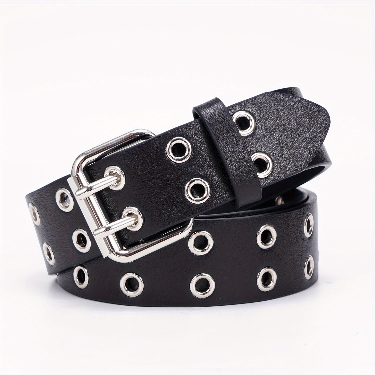 Leather Metal Eyelet Belt Double Pin Buckle Casual Punk Rock Belt