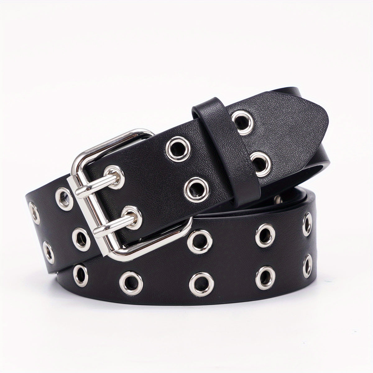 Leather Metal Eyelet Belt Double Pin Buckle Casual Punk Rock Belt