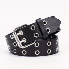 Leather Metal Eyelet Belt Double Pin Buckle Casual Punk Rock Belt