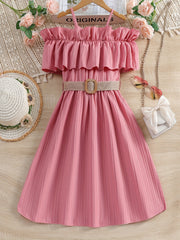 Girls' Preppy Ruffle Neck Strappy Tunic Dress For Party