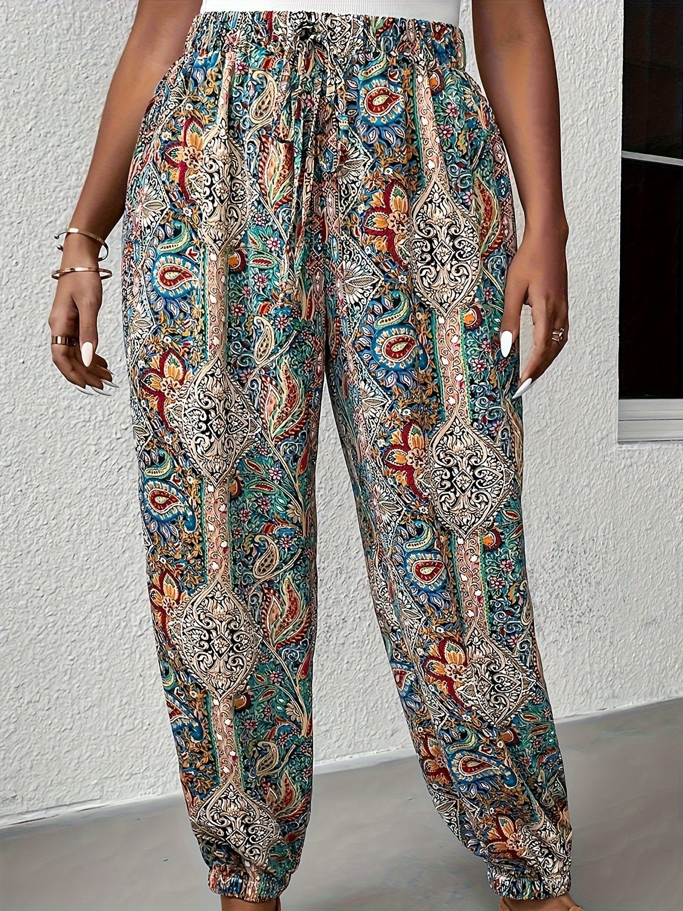  Boho Pants Women's Plus Paisley Print Tie High Waist