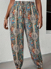 Boho Pants Women's Plus Paisley Print Tie High Waist