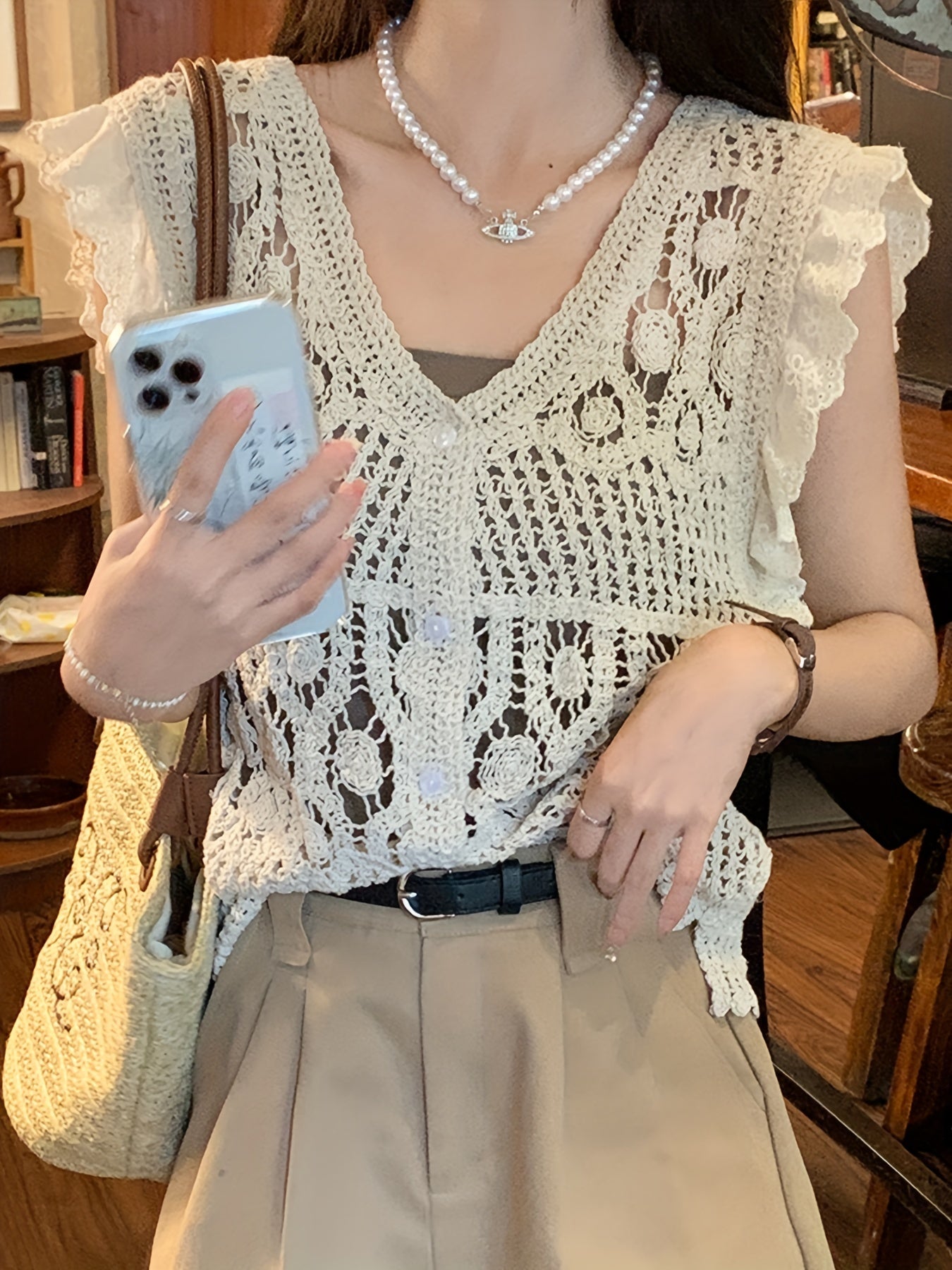 Scallop Trim Knitted Tank Top V Neck Sleeveless Crochet Top