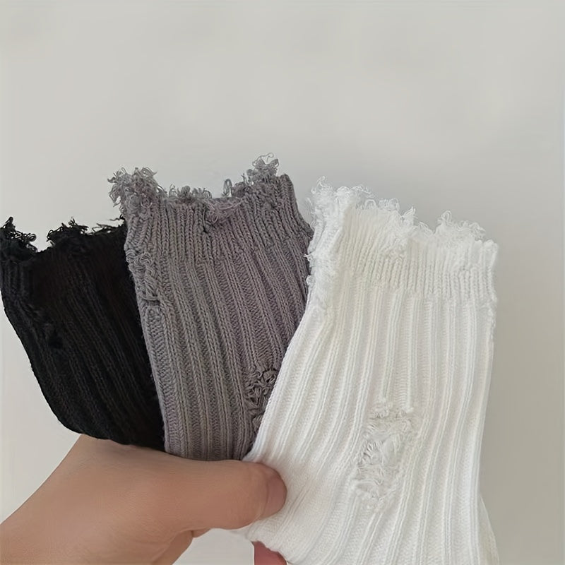 5 Pairs Ripped Solid Socks Women's Mid Tube Stockings