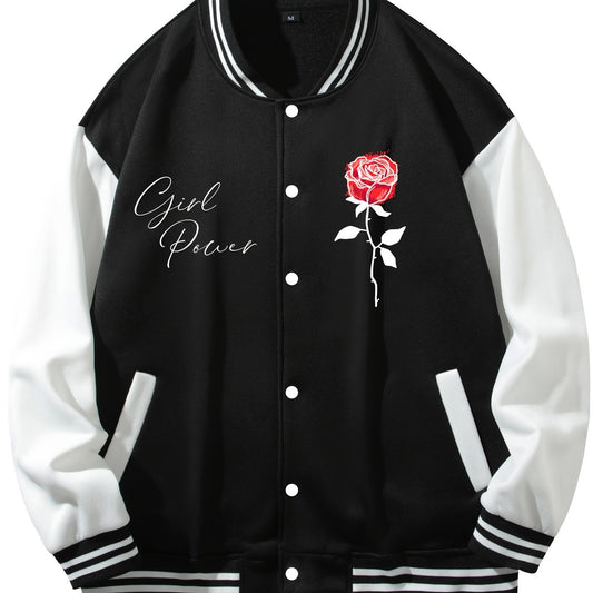 Men's Rose Print Lightweight Fleece Baseball Jacket