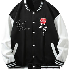Men's Rose Print Lightweight Fleece Baseball Jacket