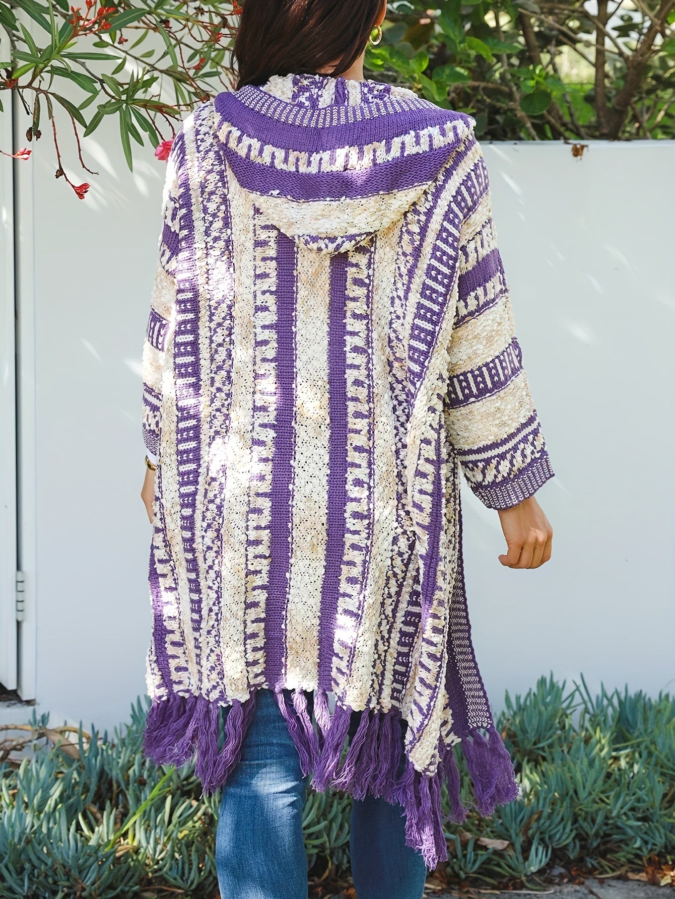  Geometric Print Tassel Trim Hooded Cardigan