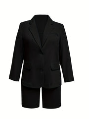  Basic Blazer & Shorts Suit Sets Women's Plus Solid Lapel Collar