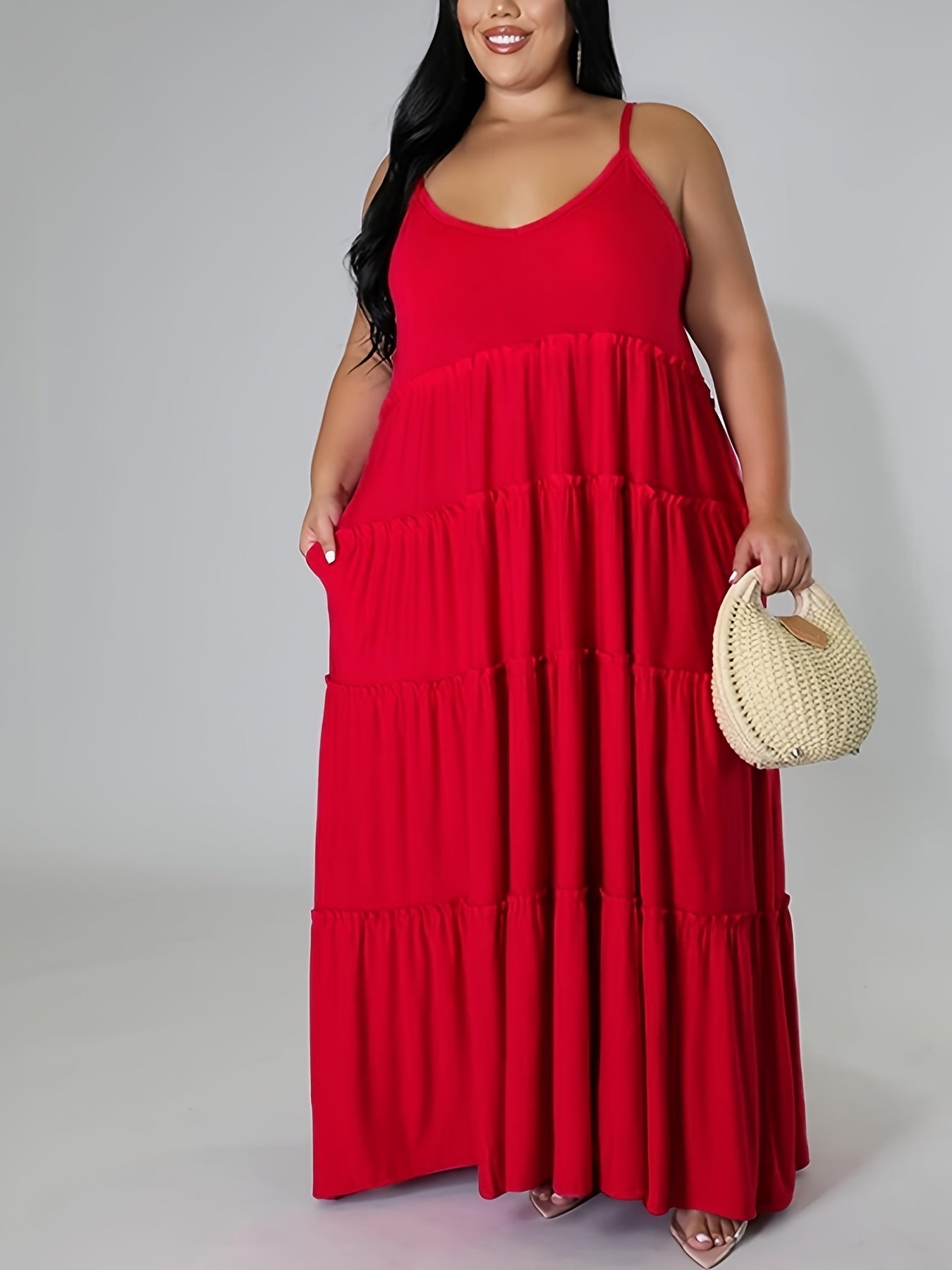  Solid Layered Loose Fit Cami Maxi Dress