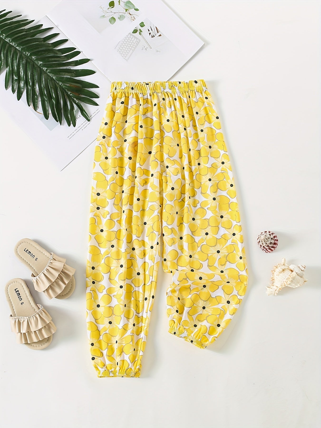 Girls Floral Elastic Waist Pants Thin Loose Trousers
