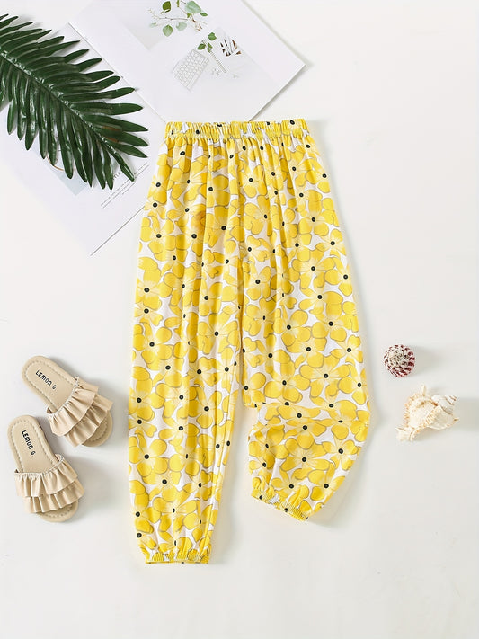 Girls Floral Elastic Waist Pants Thin Loose Trousers