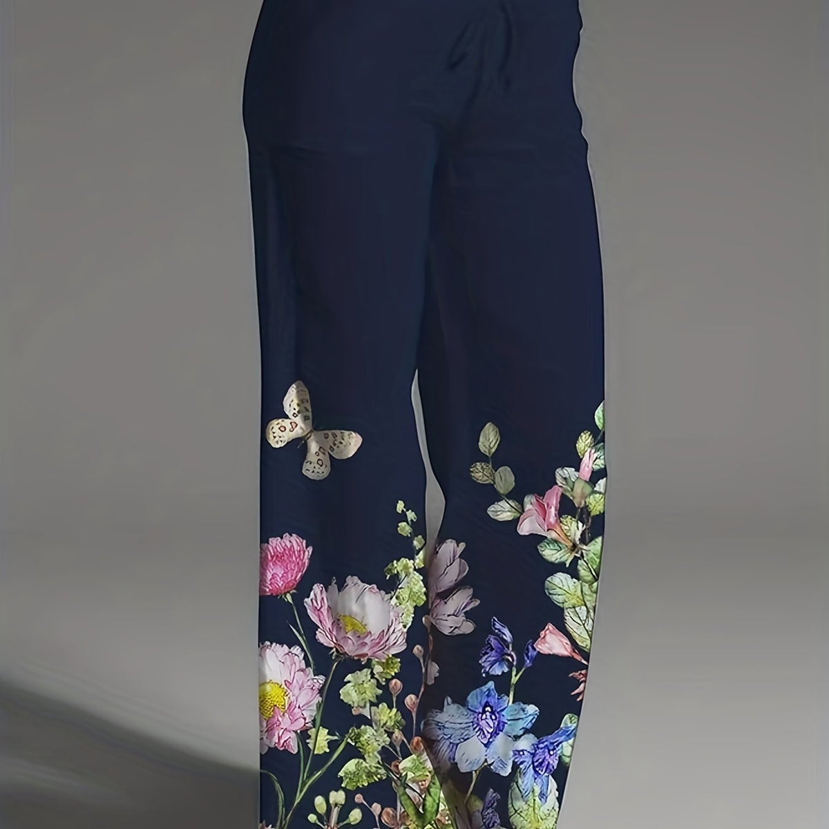 Women's Plus Floral Print Stretch Pants with Tie Front