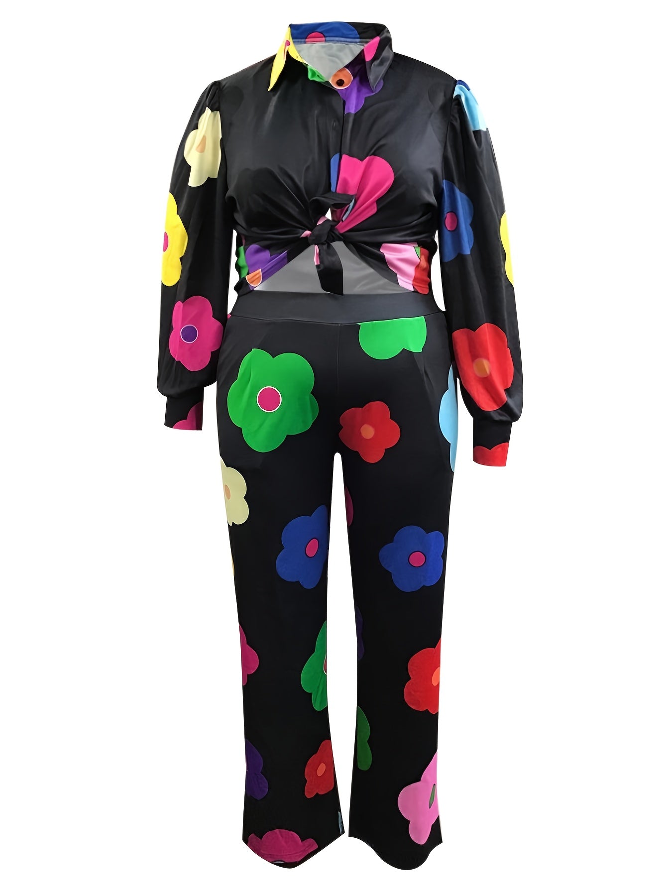 Women's Plus Floral Shirt & Pants Two Piece Set