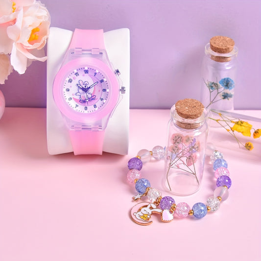 Cartoon Moon Rabbit & Heart Cat LED Watches Set for Girls