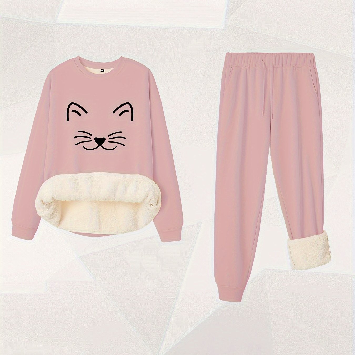 Women's Plus Cat Print Crew Neck Fleece Top & Joggers Set
