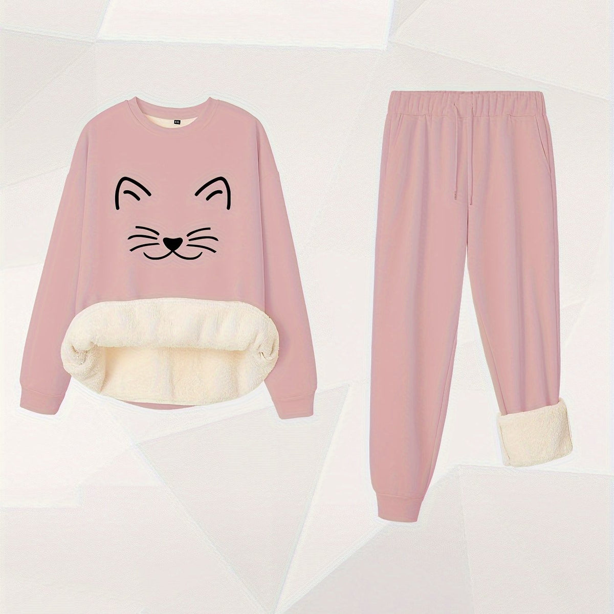 Women's Plus Cat Print Crew Neck Fleece Top & Joggers Set