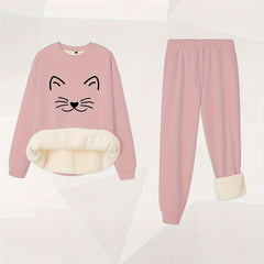 Women's Plus Cat Print Crew Neck Fleece Top & Joggers Set