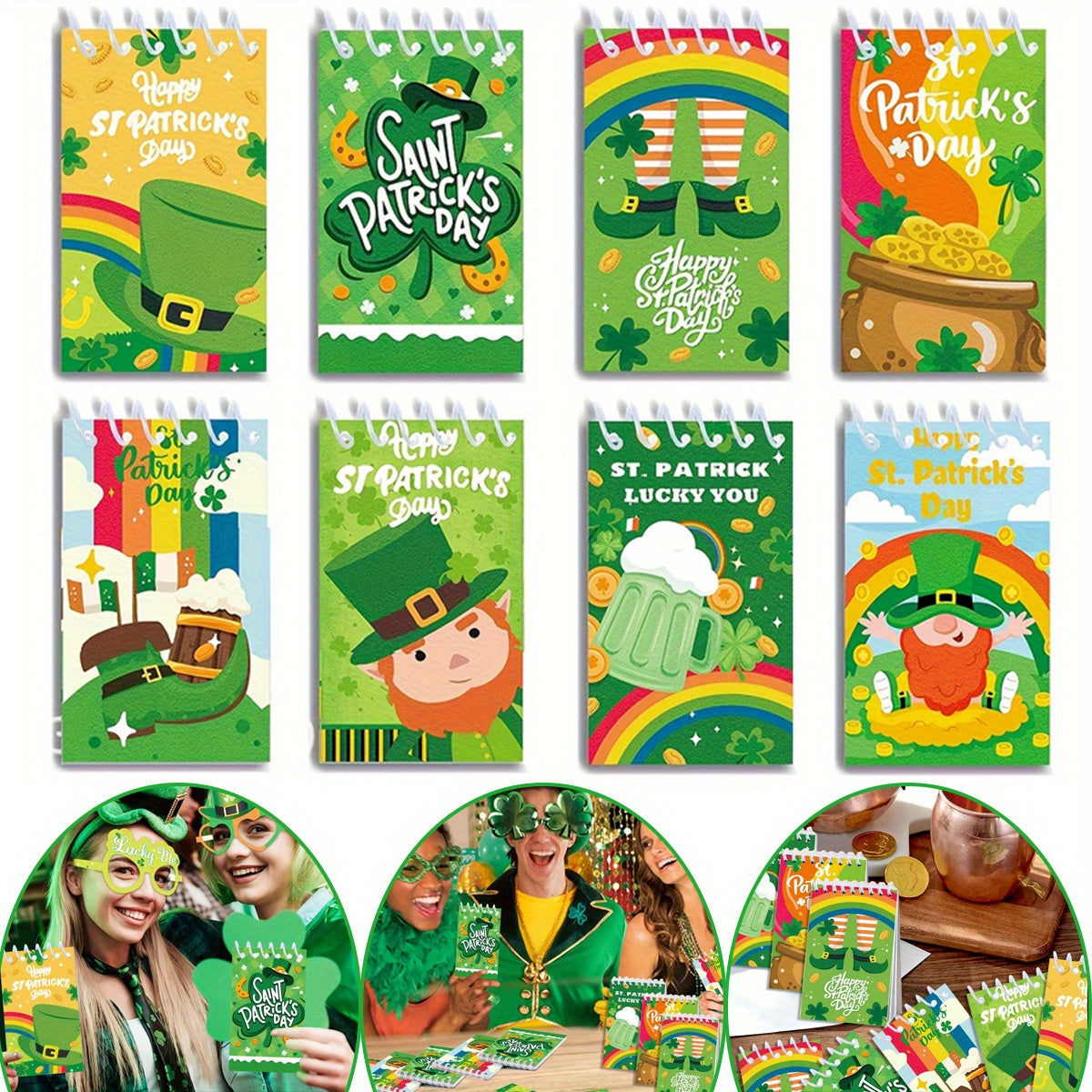 8 St Patrick's Notepads Featuring Lucky Shamrocks Hats And Beer Designs