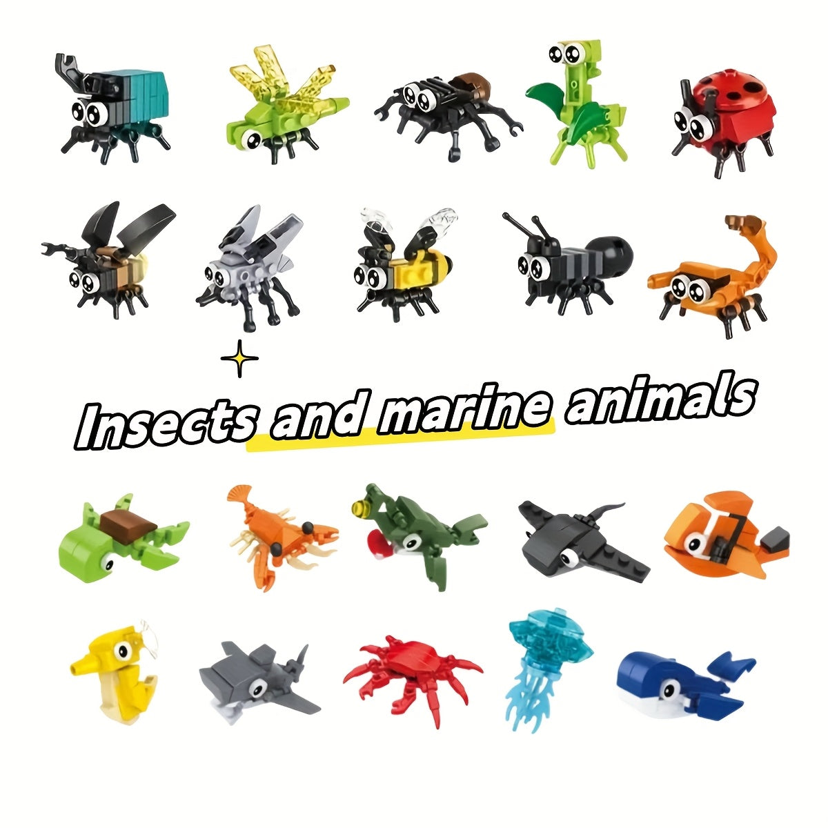 20pcs Insect & Marine Animal Blocks: Spiders, Scorpions, Mantises, Bees