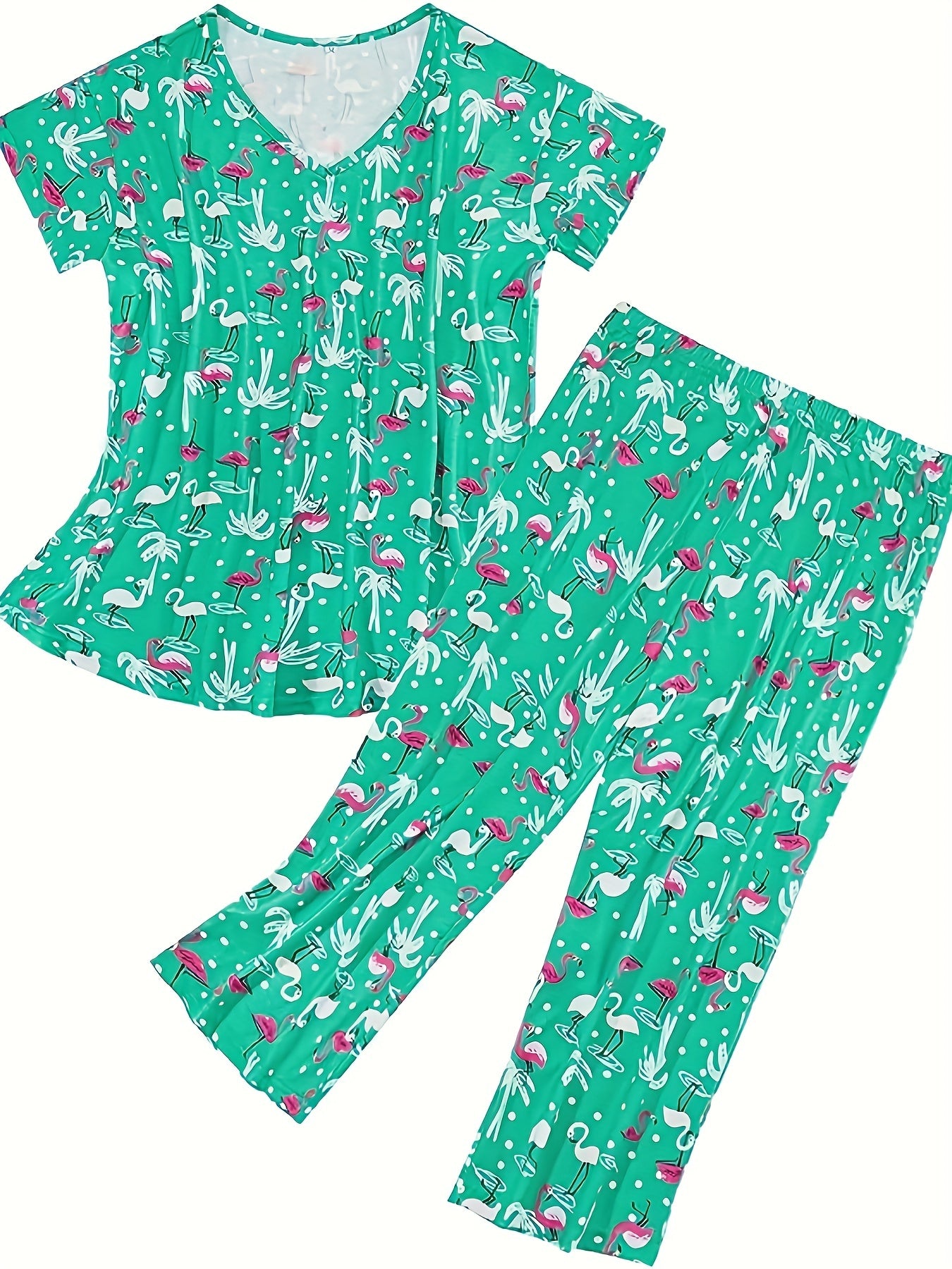  Flamingo & Coconut Tree Print V Neck Top & Pants Pajama Set