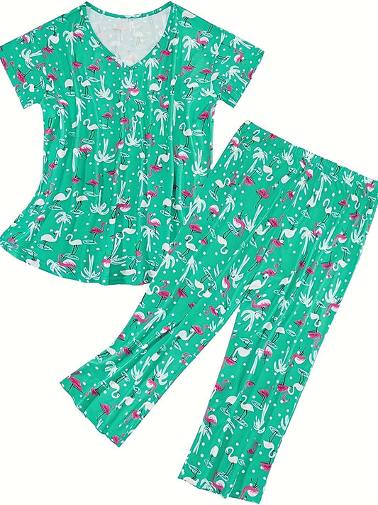  Flamingo & Coconut Tree Print V Neck Top & Pants Pajama Set