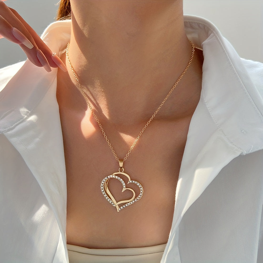 Vintage Romantic Style Double Hollow Love Heart Necklace