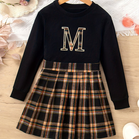 2pcs Letter Plaid Print Top & Skirt Set