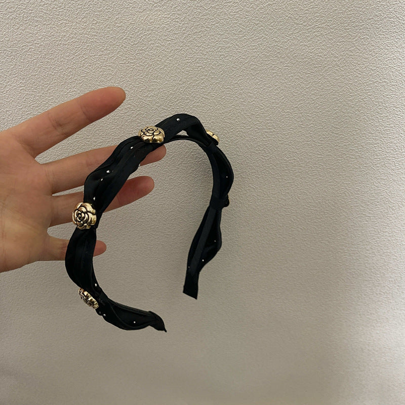 French Metal Flower Fabric Hairband Camellia Headband Vintage Hair Accessories