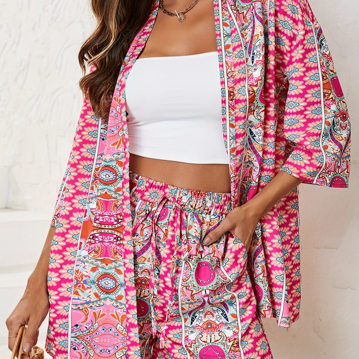  Paisley Print Cardigan & Tie Shorts Set