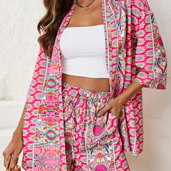 Paisley Print Cardigan & Tie Shorts Set