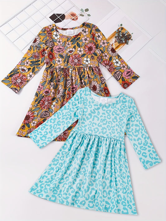Girls Allover Print Long Sleeve Casual Dress Spring Fall Random Print