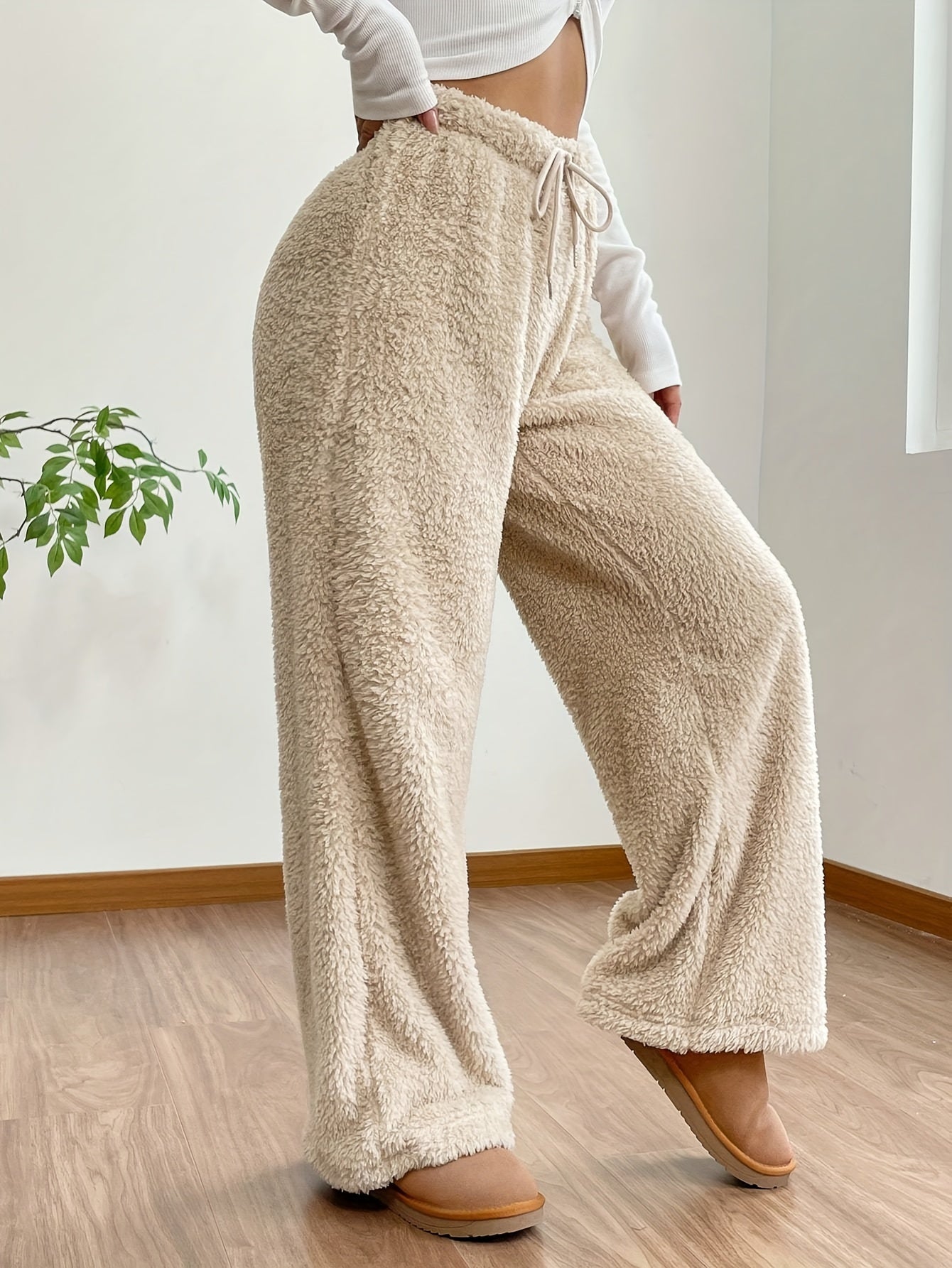  Solid Fleece Elastic Wide Leg Trousers