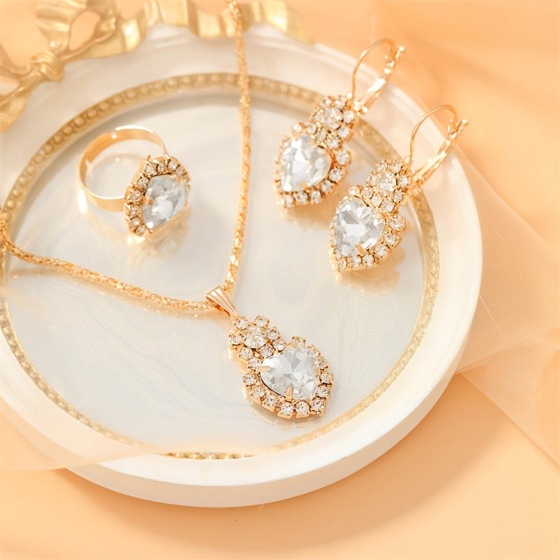 Heart Shape Pendant Jewelry Set Rhinestone Crystal Necklace Earrings Ring