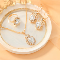 Heart Shape Pendant Jewelry Set Rhinestone Crystal Necklace Earrings Ring