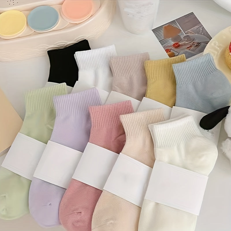 10 Pairs Solid Short Socks Comfy & Breathable Women's Stockings