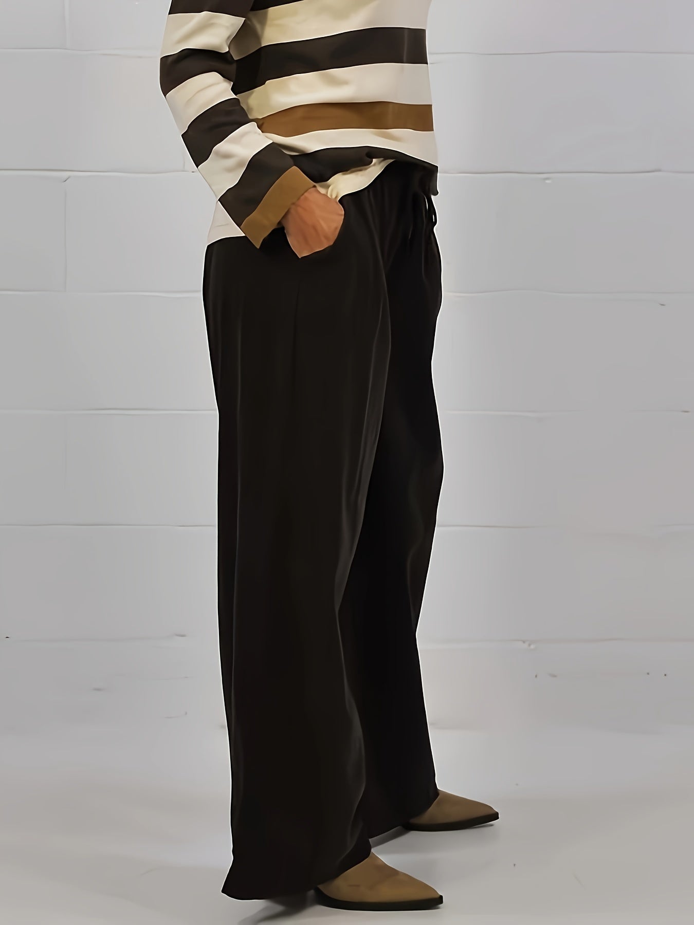  Solid High Rise Wide Leg Trousers With Pockets