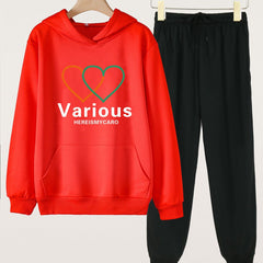 Girls Heart Print Hoodie & Sweatpants Set for Spring/Autumn
