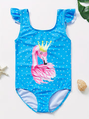Girls Flamingo Graphic 1pc Swimwear Ruffle Trim Dot Print