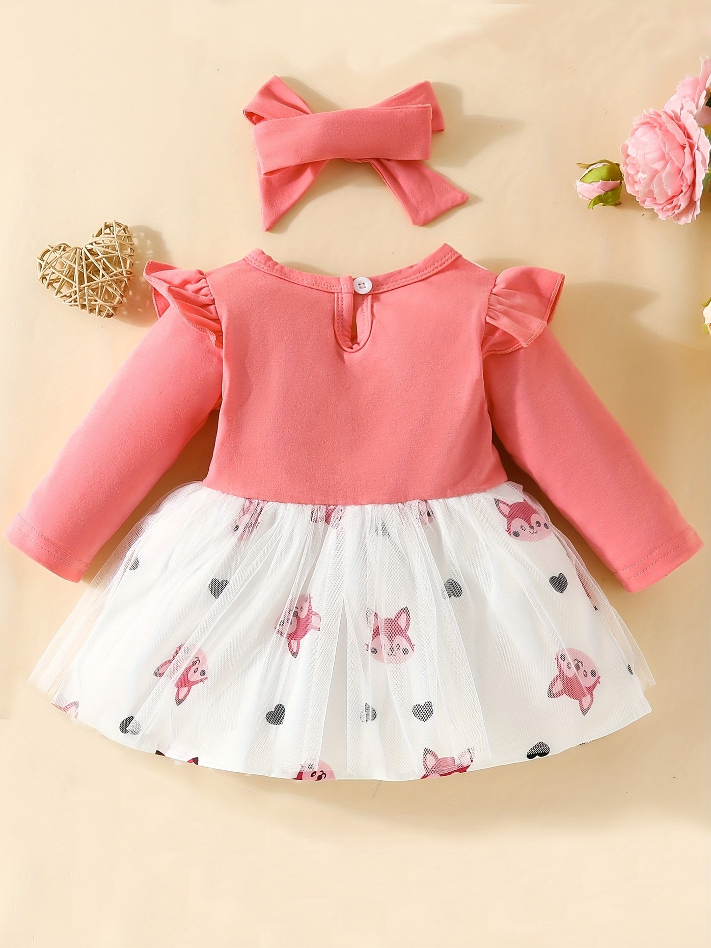 2pcs Baby Girls Fox Graphic Long Sleeve Dress & Headband Bundle