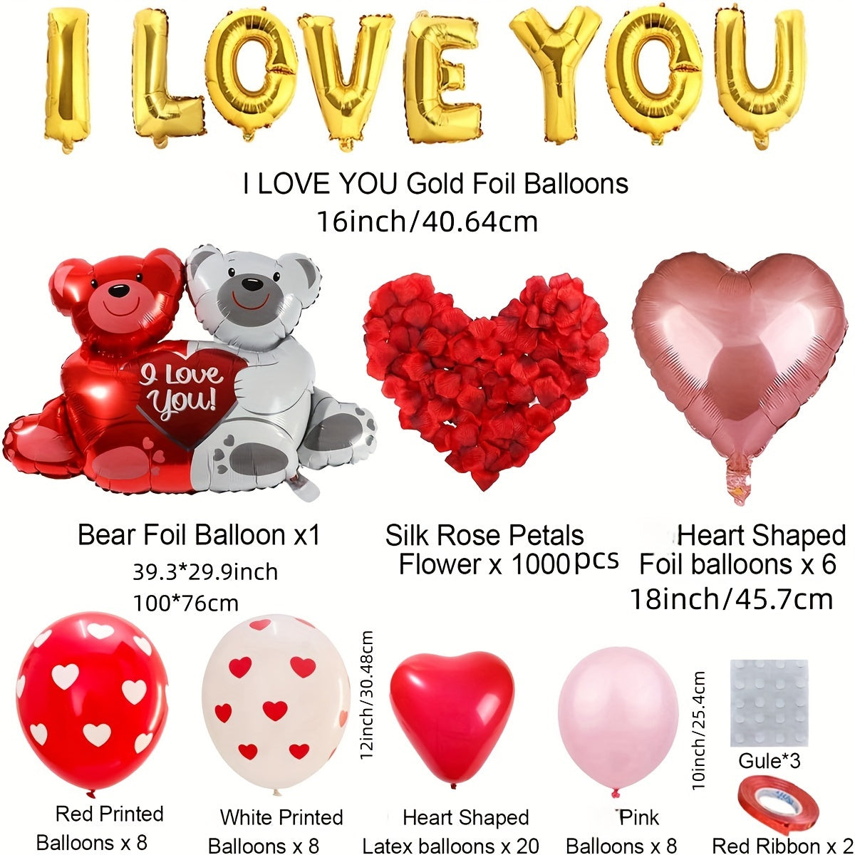 I Love You Balloon Set with 1000 Rose Petals