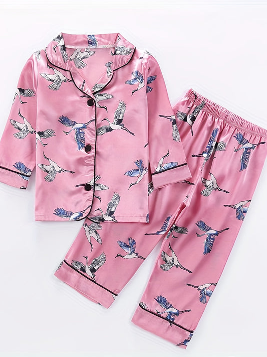 Girls 2pcs Pajamas Top & Pants Crane Print Long Sleeve Button Front PJ Set