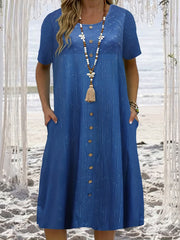 Random Print Button Decor Round Neck Tee Dress