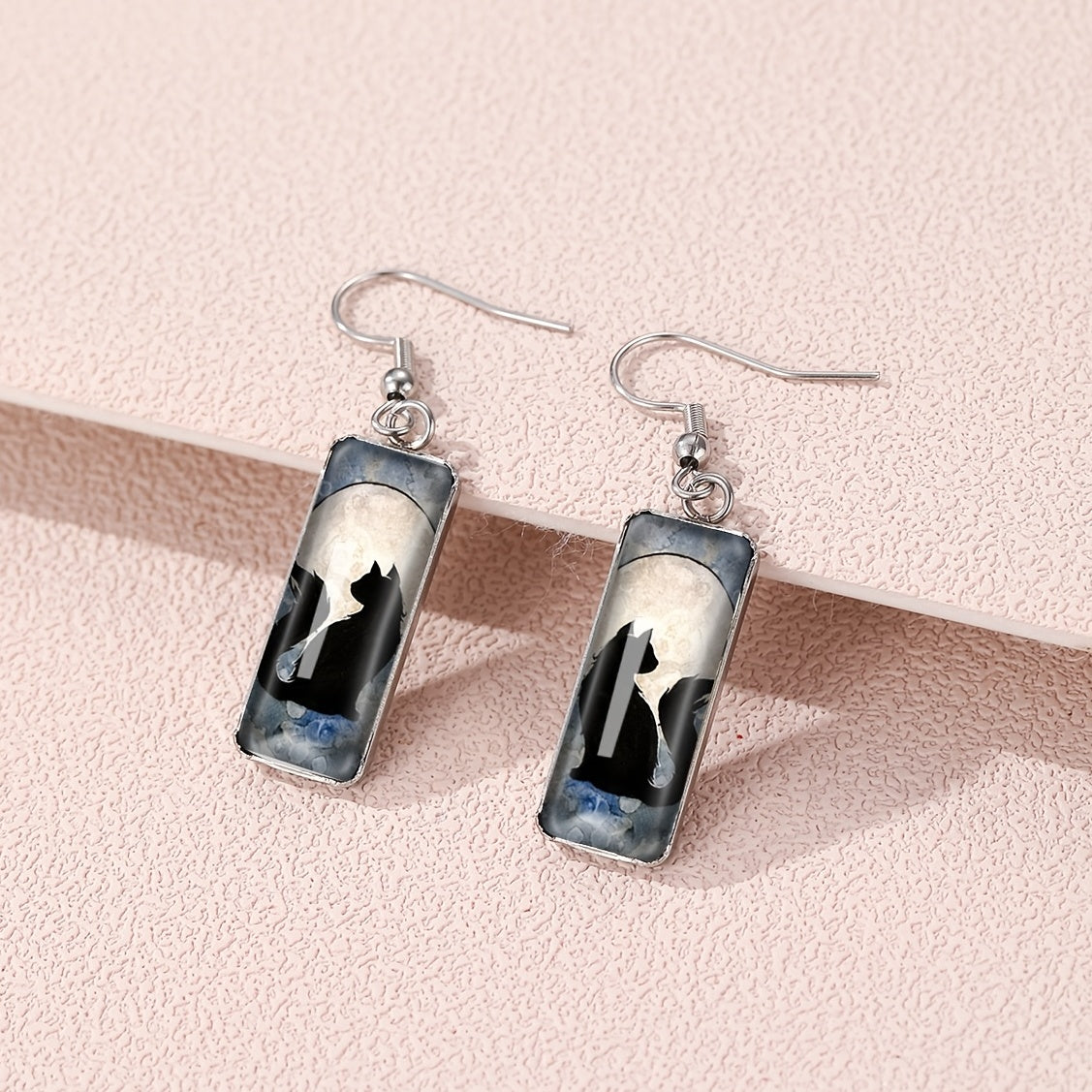 Cat Pattern Rectangle Drop Hook Earrings Jewelry Kitten Animal Party
